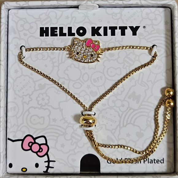 HELLO KITTY SANRIO GOLD FLASH PLATED CRYSTAL RHINESTONES SLIDE BRACELET NIB - Picture 3 of 5